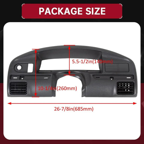 Dash Cover Panel Bezel for 1992 to 1997 Ford F150 F250 F350 Bronco Gas Engines, with measurement details