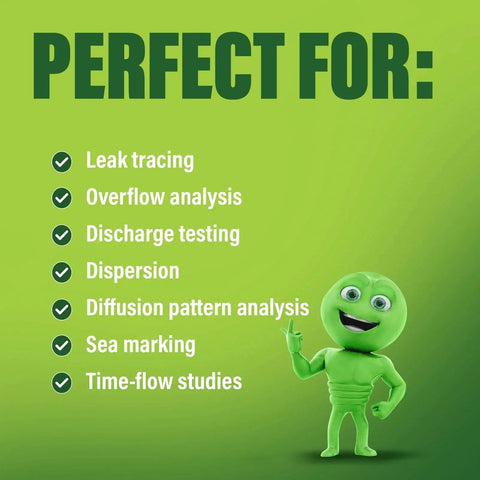 Fluorescent Green Water Tracing Dye For Leaks And Flow Analysis in Pools, Toilets, Sewers, One Gallon, features and mascot image