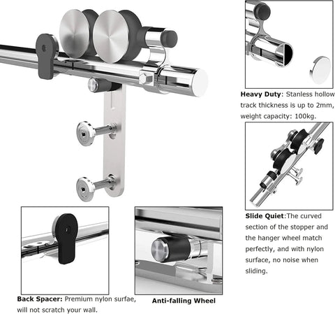 8Ft Stainless Steel Sliding Barn Door Hardware Kit With Quiet Glide heavy duty track, satin brushed finish, Y shape rollers