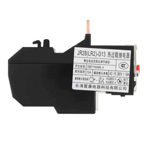 Side view of JR28-D3 Thermal Overload Relay for electric motors, showing labeling for 9-13A phase break protection and 690V insulation.