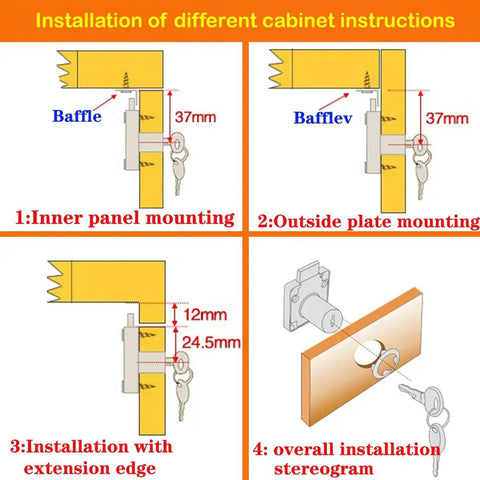 Installation diagram for Heavy Duty Cabinet Lock With Keys For Single Or Double Doors Deadbolt Keyed Different on panels