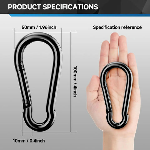 Heavy Duty 4 Inch Carabiner Clips 800 Lb Load For Outdoor Hammock And Camping, steel clip in hand with size dimensions