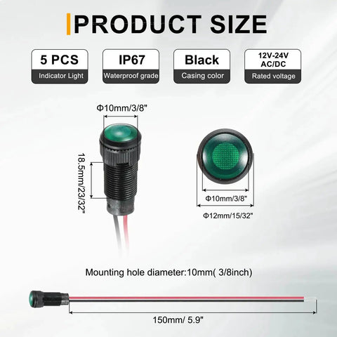 Diagram showing Green LED Indicator Light Pack Of Five 10mm Round Head 12V-24V AC/DC Waterproof IP67 Signal Lamp dimensions.