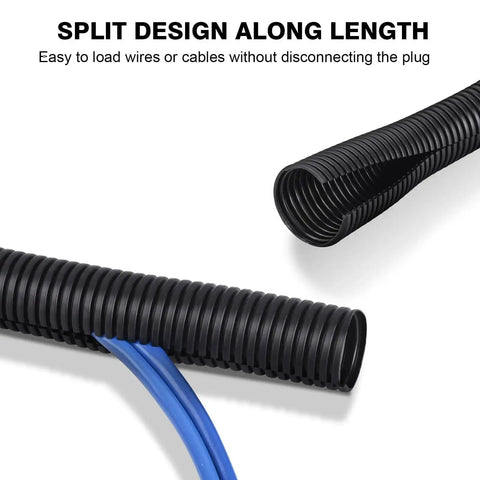 Flame Retardant Half Inch Split Wire Loom Tubing 25 Feet with cables inserted, showing black polypropylene material and split design.