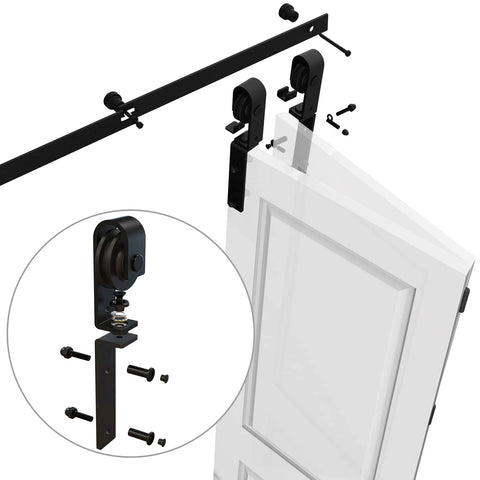 Heavy Duty Bi Folding Barn Door Hardware Sliding Track Kit For Four Doors 5.5 Feet Rail 66 Inches Fits Up To 16 Inch Wide Panels Carbon Steel With Frosted Black Finish Rust Resistant Hardware Only No Wood Doors