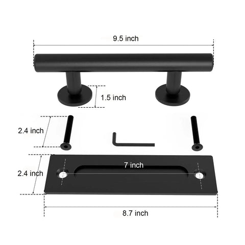 Sliding Barn Door Pull Handle Set With Flush Hardware In Rustic Black Powder Coat Finish Anti Rust And Heavy Duty Double Sided Design Frosted Touch Comfort Handle With Smooth Edges For Easy Grip On Interior Doors shown with dimensions