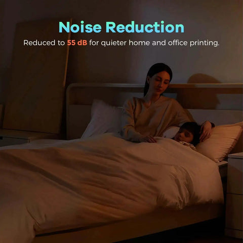 Woman and child sleeping peacefully thanks to DIY 3D Printer Enclosure Kit For Quiet, Safe Printing with Odor Isolation and High Temp Filament Support.