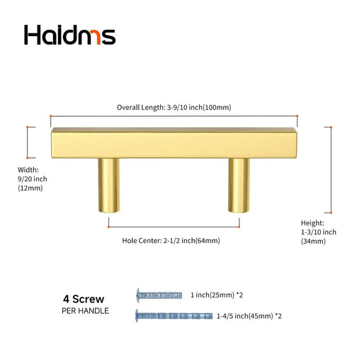 Diagram showing dimensions of 20 Pack Gold Cabinet Handles And Drawer Pulls In Brushed Brass Finish For Kitchen Cupboards And Dressers