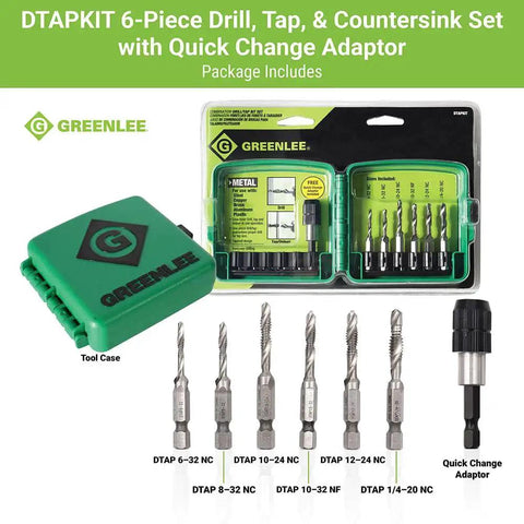 One Step Drill Tap Kit For Metal With Quick Change Adapter, 6-32 to 1/4-20 size, displayed in package with tool case and bits by Greenlee.