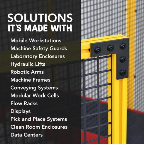 Yellow aluminum extrusion frame with grid insert used in various solutions including workstations and safety guards.