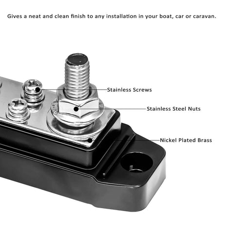 Close-up of Rugged Bus Bar Power Distribution Block with 5/16 inch stud and nylon nuts showing stainless steel nuts and screws.