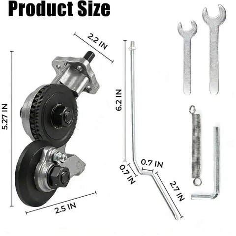 Titanium Drill Nibbler Sheet Metal Cutter Attachment For Drills, key components, dimensions labeled, spanners and spring included