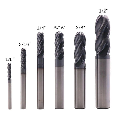 High Performance Solid Carbide Ball Nose End Mills Set, 6 Pc AlTiN Coated, 4 Flute, 30 Degree Helix, CNC Router Bits For Precise Milling From 1/8 In To 1/2 In, Shank Matches 1/8 In To 1/2 In, Pro Grade by BestParts.