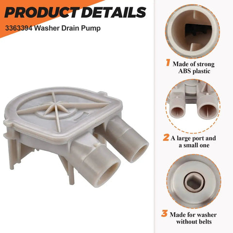 Washer drain pump in light gray ABS plastic with dual hose ports, front view