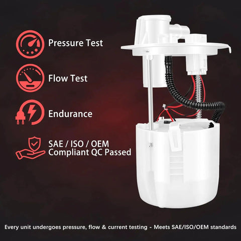 Fuel Pump Module Assembly Replacement For Toyota Corolla 2005 Through 2008 1.8L, Toyota Matrix 2005 Through 2008 1.8L, Pontiac Vibe 2005 Through 2010 1.8L And 2.4L Drop In Direct Fit OEM Style E8874M FG0938 P76578M shown with pressure and flow test icons