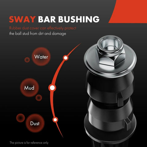 Two-piece front stabilizer bar link set with silver mounting nuts and black finish.