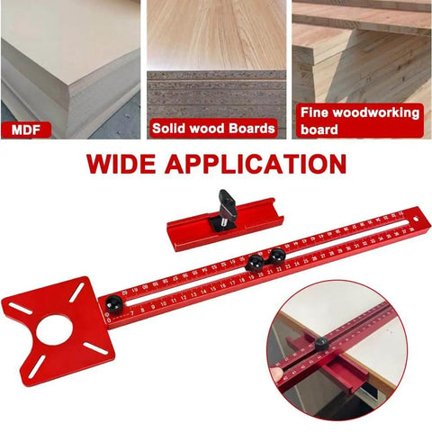 4 In 1 Router Milling Groove Bracket Kit With Aluminum Alloy Circle Cutting Jig for cabinet projects, shown with dual scales and circle cutting application on various wood types.