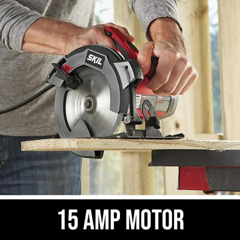 Person using Powerful 15 Amp 7.25 Inch Circular Saw With Single Beam Laser Guide for fast precise cuts on wood