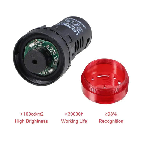 Close-up of a Red Indicator Light With Buzzer For 24V AC DC, 22mm Panel Mount Flashing Alarm, revealing internal circuit board and casing