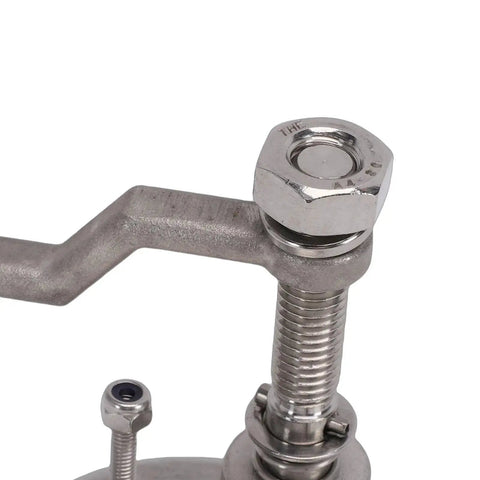 Close-up view of marine stainless steel boat hatch latch with threaded stud, adjustable arm, and mounting nut