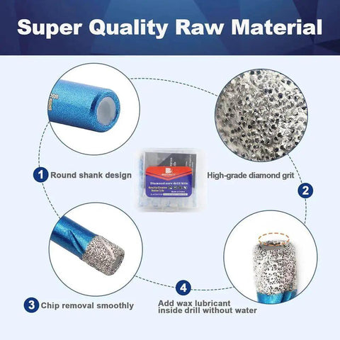 Pro Grade Ten Piece Heavy Duty Diamond Hole Saw Core Drill Bit Set One Quarter Inch Six Millimeter With Round Shank For Porcelain Tile Ceramic Stone Granite Marble Dry Drilling Includes Nine Diamond Bits And One Carbide Bit with round shank, high-grade diamond grit, and smooth chip removal features