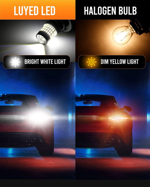 Comparison of LUYED LED and halogen bulb showing bright white light from LED and dim yellow light from halogen in a car setting.