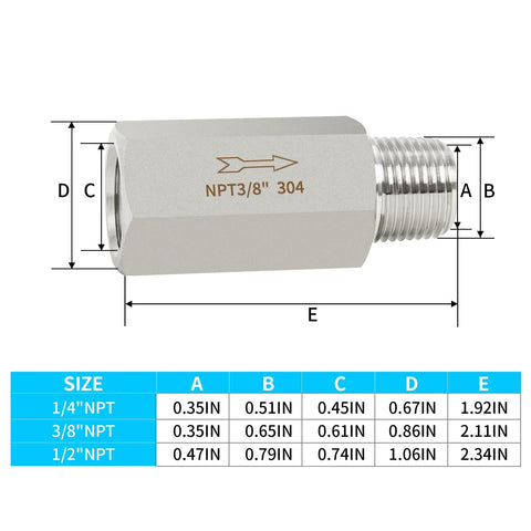 ChillWaves 304 stainless inline Siamese check valve, side view, 3/8 NPT male to 3/8 NPT female for backflow prevention