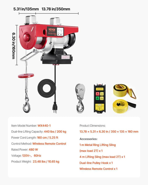 Wireless Remote Control Electric Hoist 110V 440lb Lift 40ft Or 20ft Heights, red housing, detailed parts view, dimensions shown