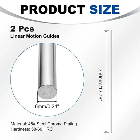 Linear Motion Rods 6mm x 350mm Set Of 2 Solid Case Hardened Chrome Plated Rails Shaft Guides dimensions and material info