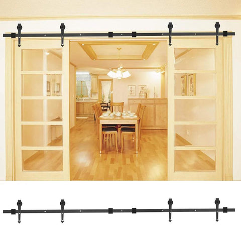 8Ft Heavy Duty Sliding Barn Door Hardware Kit With Single Track Bypass And Double Door Capability Carbon Steel Construction installed