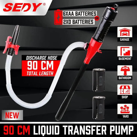 Electric Hand Pump Portable Battery Powered Transfer Pump Multi Use Siphon Liquid Extractor For Gasoline Diesel Fuel And Water Transfer Lightning Fast 2.2 GPM Siphon With Locking Clip For Easy Refill On Roadside Or At Home, displayed with 90 cm discharge hose and battery options.