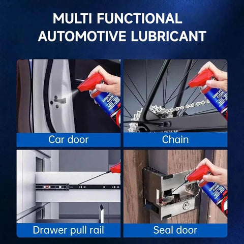 Specialist Silicone Lubricant Spray With Dual Straw Sprays For Doors, Hinges, Bikes, Sewing Machines, Garage Doors And Metal Parts Fast Drying, Non Sticky Slick Long Lasting Lubrication 6.76 Oz applied on car door, bike chain, drawer pull rail, and seal door.