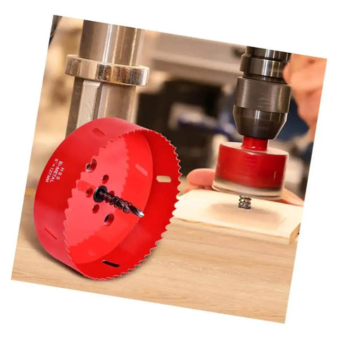 4 1/4 Inch HSS Bi-Metal Hole Saw Kit with pilot drill bit cutting wood, includes arbor replacement bit and hex key