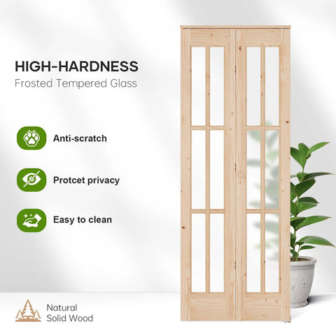 Double 30 By 80 Inch Bifold Barn Door With Tempered Frosted Glass And Solid Wood Space Saving Closet Door Kit With Concealed Hardware