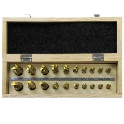 All Purpose HSS Tin Coated End Mill Set, 20 Pcs, 2 Flute And 4 Flute Bits, Diameters From Three Sixteenths Inch To Three Quarters Inch in wood case