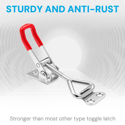 Heavy duty toggle latch clamps provide secure, adjustable quick release locking with red handle and metal body.