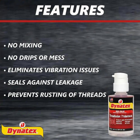 Red High Strength Gel Threadlocker For Large Fasteners 1.2 Oz Bottle showing key features by Dynatex