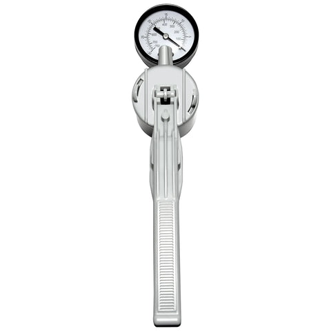 Front view of lab hand-held vacuum pump with gauge, silver plastic handle, max 650 mmHg