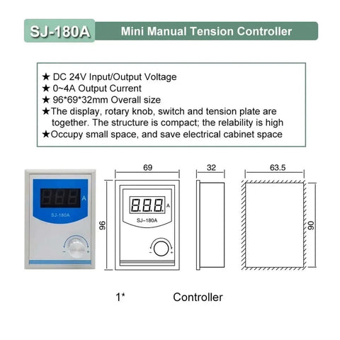 SJ-180A Mini Manual Tension Controller, DC 24V Input, 0-4A Output, 96*69*32mm size, with display and rotary knob front view