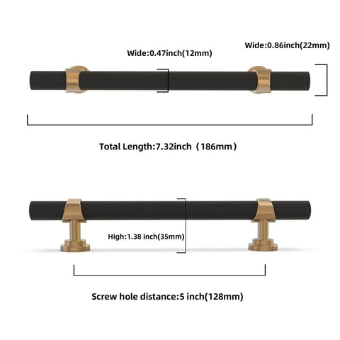 Five Inch Knurled Cabinet Pulls In Matte Black And Champagne Bronze For Kitchen Cabinets And Furniture, Aluminum And Zinc Alloy Drawer Handles, 10 Pack Solid Cabinet Hardware By KOMOTIA, showing dimensions and design features.
