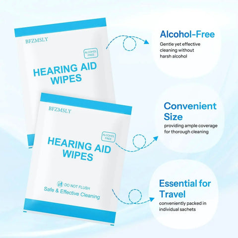 Alcohol Free Hearing Aid Cleaning Wipes Individually Wrapped Removes Earwax package details, highlighting alcohol-free and travel-friendly features.