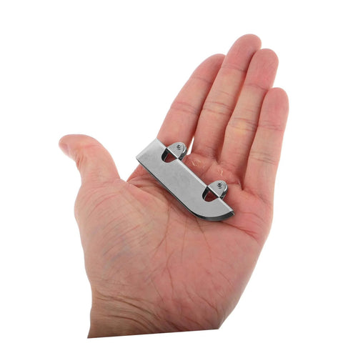 Heavy Duty Stainless Steel Sliding Door Bottom Wheel Set 4 Piece Track Rollers in hand, showcasing size and material.