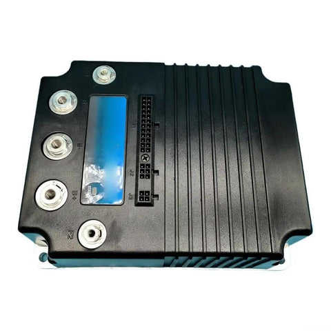DC motor controller for golf carts, black enclosure with blue label, four terminal studs and multi-pin connector