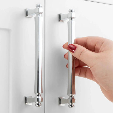 10 Pack 5 Inch Hole Centers Polished Chrome Cabinet Pulls with 1 Inch and 1 1/2 Inch Screws, solid metal hardware on white cabinet