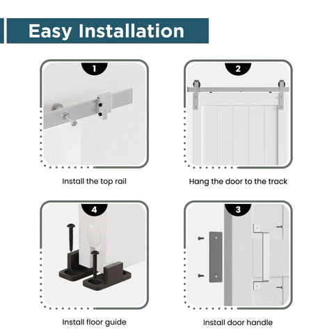 Installation steps for 40 x 84 Inch Solid Wood Paneled Sliding Barn Door With Brushed Nickel Hardware Kit, showing rail, track, guide, and handle.