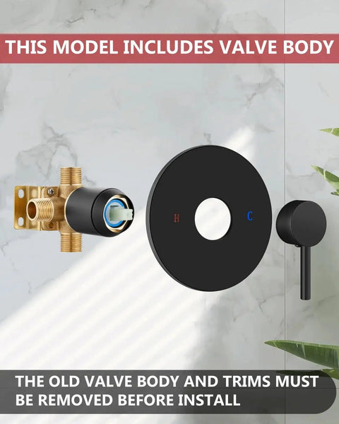 Matte Black Tub Shower Faucet Set With Valve And Shower Head By GBBNE Single Handle Bath Faucet Built From 304 Stainless Steel With Brass Valves For Smooth Operation 2.1 GPM NPT One Half Inch Durable Anti Rust Finish And Easy Install, showing valve body and handle.