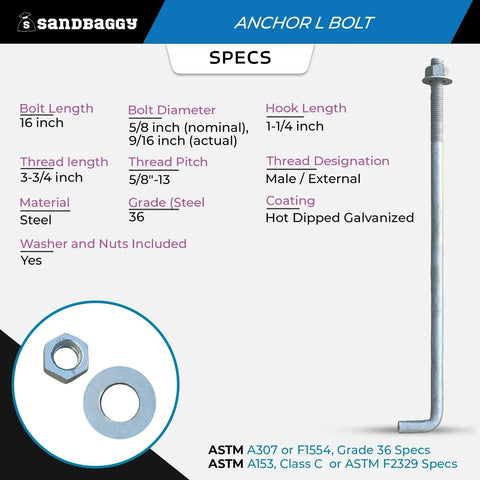 Heavy Duty Five Eighths Inch Threaded Concrete Anchor L Bolts For Base Plate And Sill Plate Installations In Masonry And Wood Sixteen Inch Length Built To Last Hot Dipped Galvanized With Nuts And Washers Included For Cement Foundations