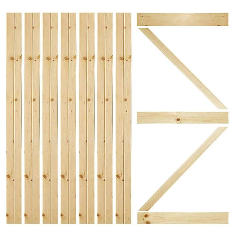 Solid Pine Core Unfinished Interior Barn Door Slab DIY Kit 83.5 Inches By 36 Inches One And Three Eighths Inch Thick Knotty Pine With Beaded Or Smooth Surface Pre Drilled For Hardware Sold Separately showing wood slats and cross beams