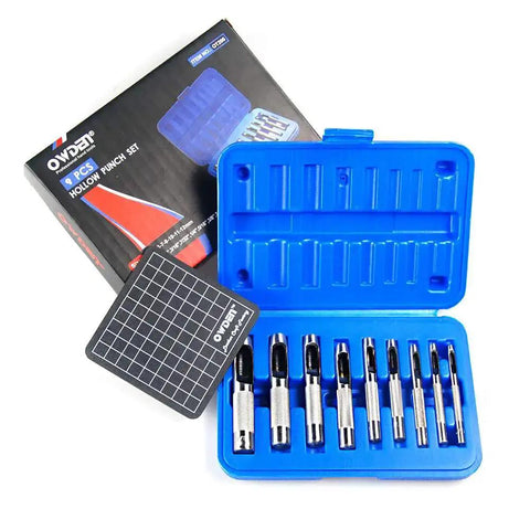 9 Piece Hollow Punch Set With Free Cutting Mat For Leatherwork, Leather Hole Punch Kit 1/8 To 1/2 Inch in blue case