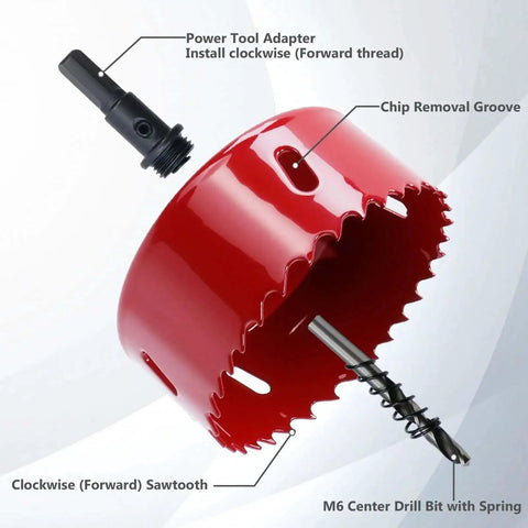 Red Bi Metal Hole Saw Kit With Arbor And Pilot Drill Bit For Fiberboard Wood Drywall Plastic Soft Metal Sheet PVC Board And Cornhole Boards Drilling 6.1 Inch Cutter displayed with components